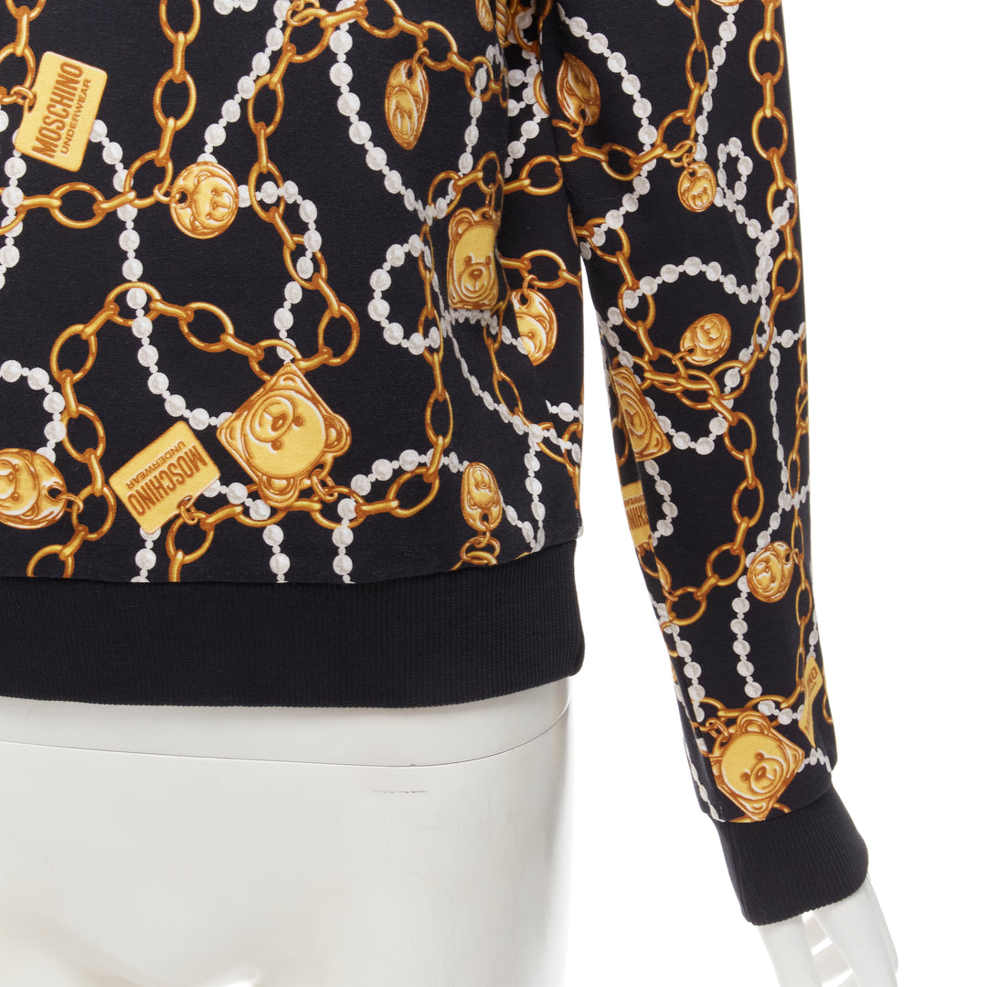 MOSCHINO black gold teddy bear chain pearl print sweatshirt S