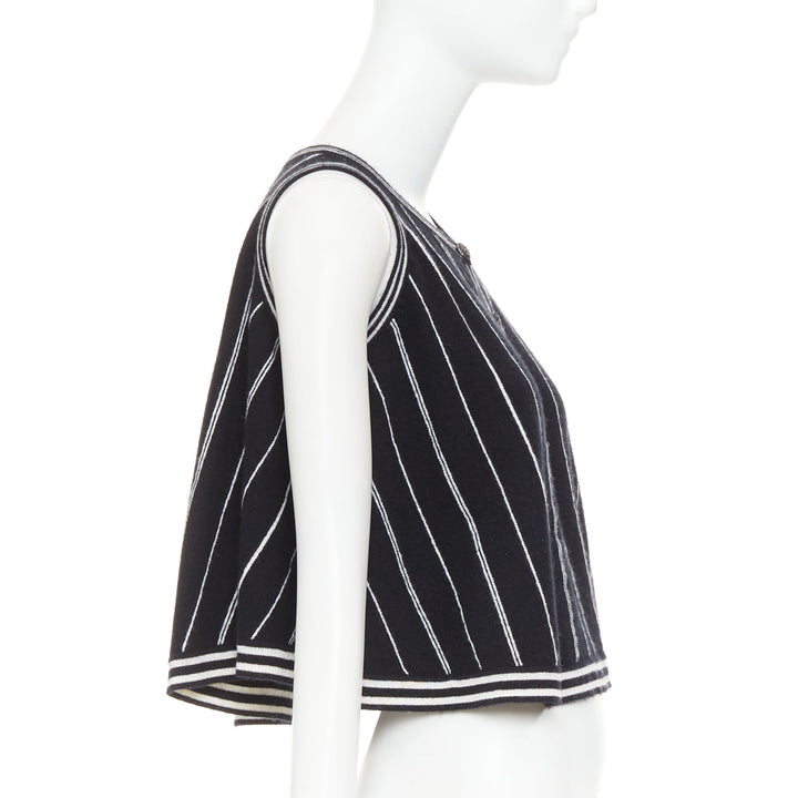 CHANEL 2015 100% cashmere black white striped A-line flared crop tank FR 34/36
