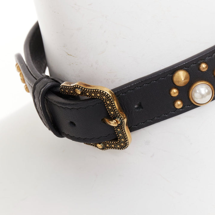 GUCCI 2017 black calfskin gold GG faux pearl embellished choker necklace