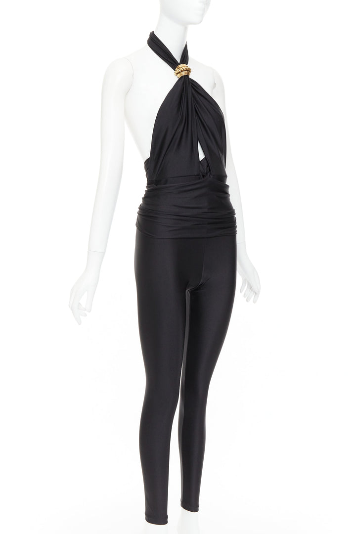 SAINT LAURENT 2022 Runway black gold metal brooch halter cutout jumpsuit Sz1 XS