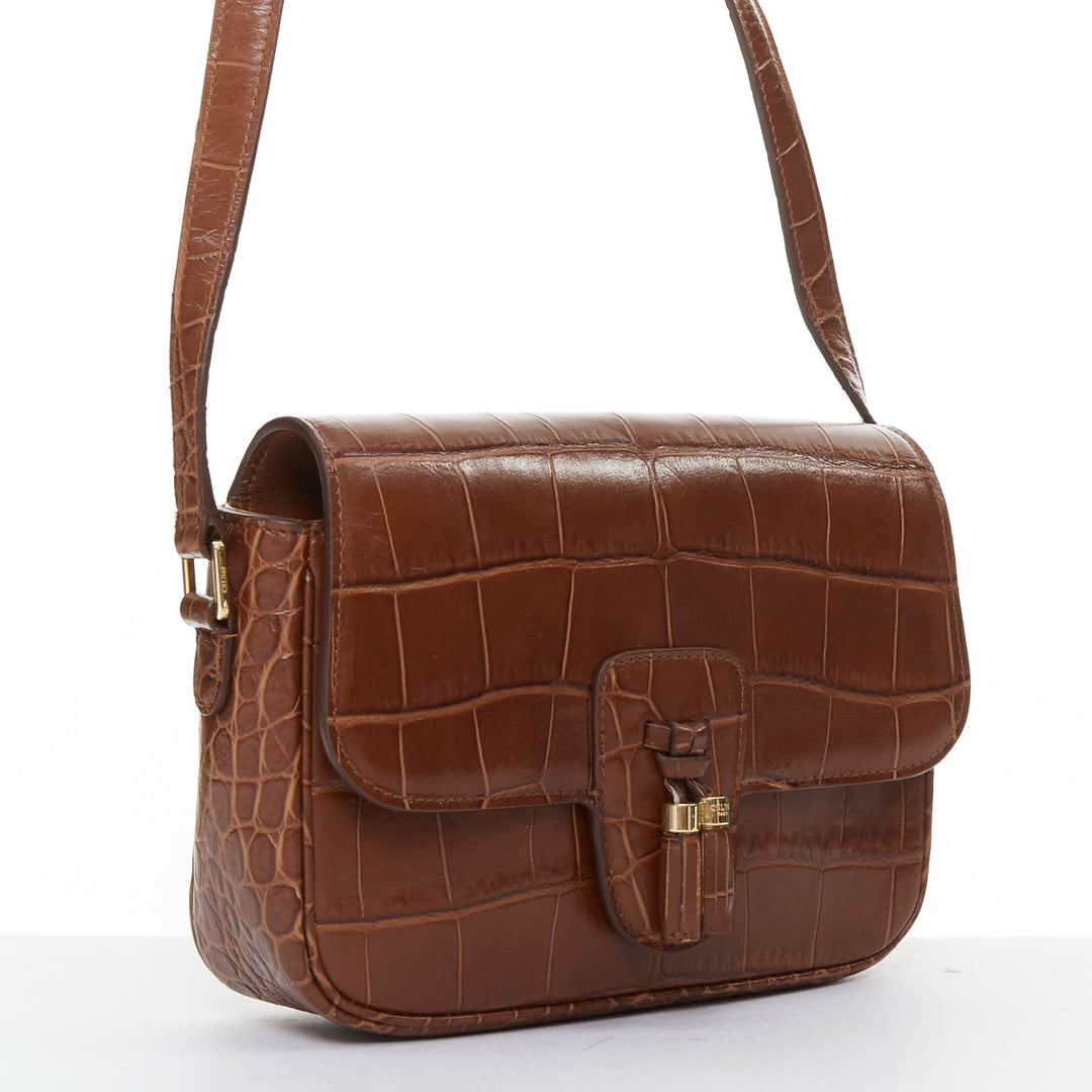 CELINE Medium Tassel brown embossed cow hide leather fringed crossbody bag