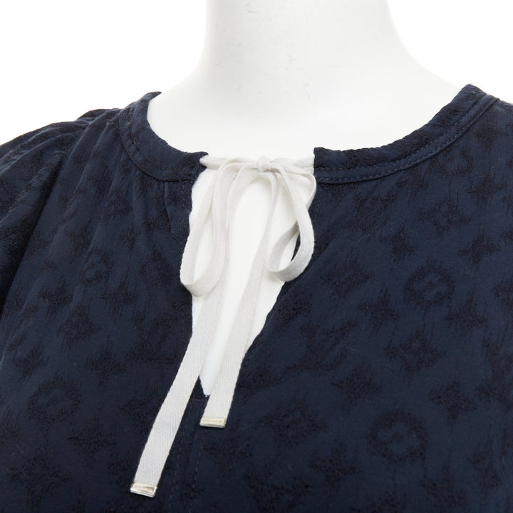 LOUIS VUITTON black monogram denim ruffle keyhole cap sleeve peplum blouse S