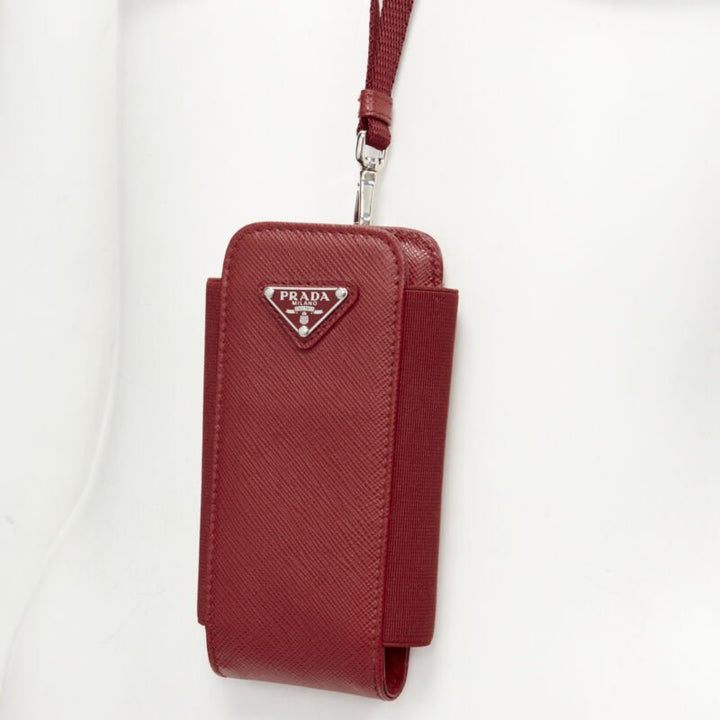 PRADA Symbole Triangle logo saffiano leather phone pouch lanyard bag red