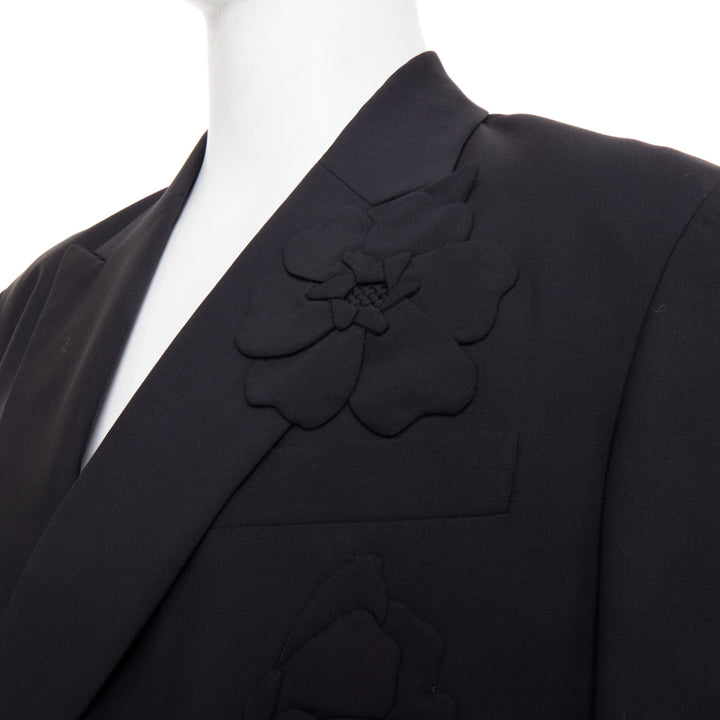 VALENTINO black floral applique double breasted virgin wool blazer jacket IT46 S