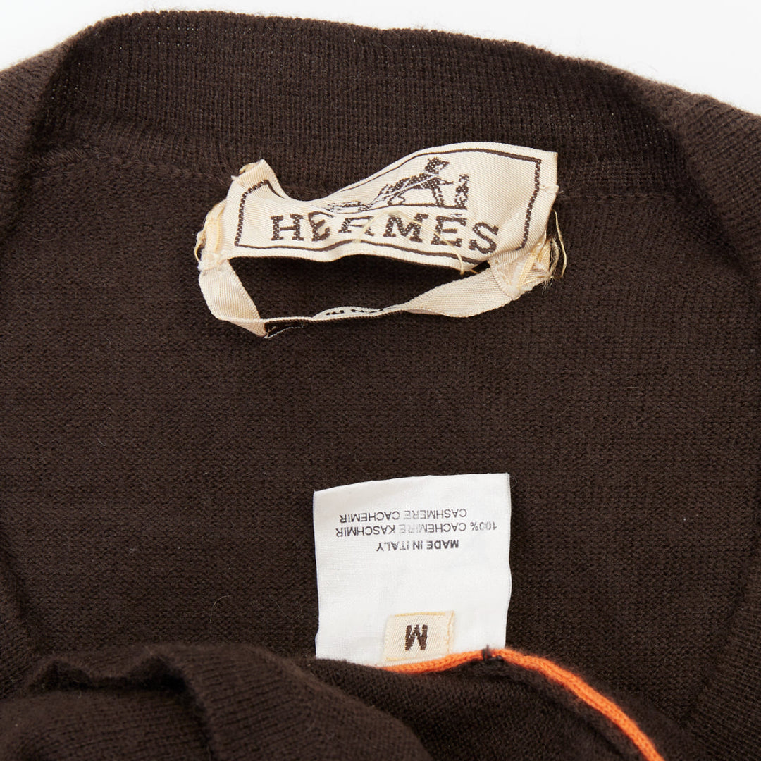 HERMES Vintage 100% cashmere brown contrast orange piping knit crew sweater M