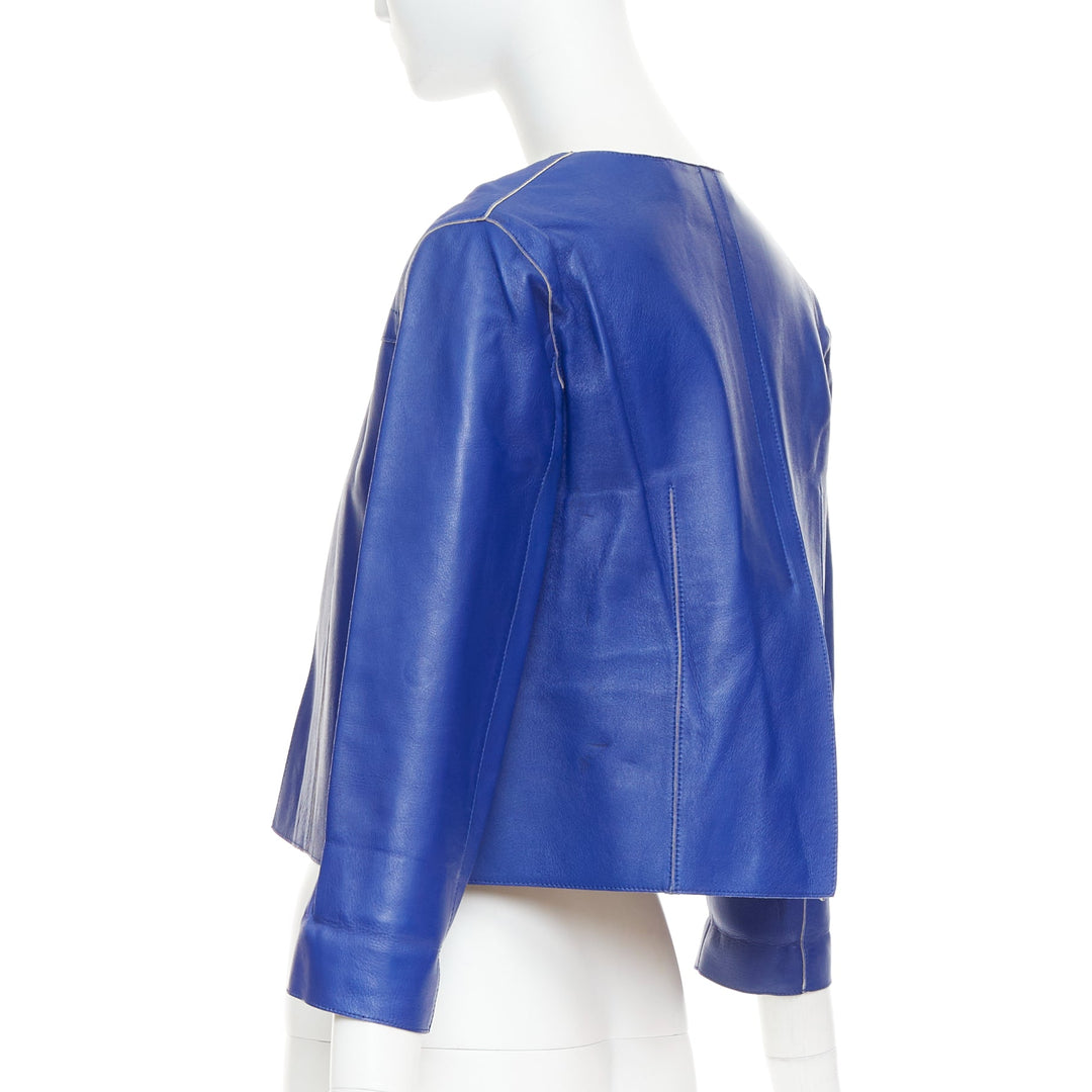 MARNI cobalt blue beige lined lamb leather rounded sleeve cropped jacket IT38 XS