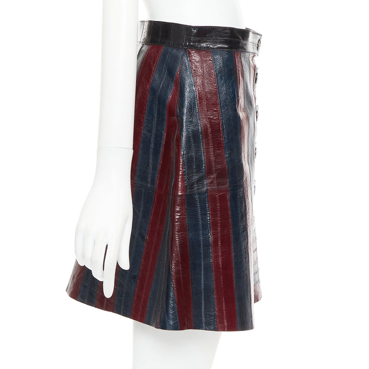 LOUIS VUITTON 2015 Runway burgundy navy eel leather patchwork skirt FR38 M