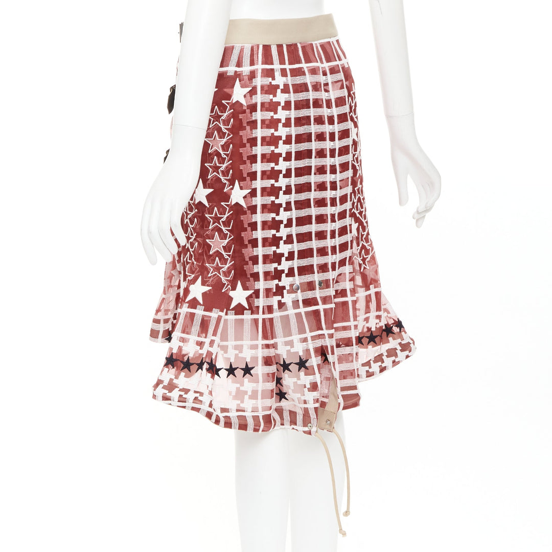 SACAI 2017 red white houndstooth star check sheer leather buckle wrap skirt JP2