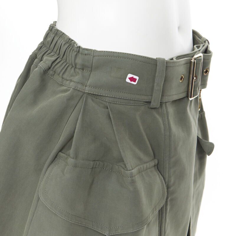 KENZO military khaki green cotton dual pockets belted elasticated skirt Fr38