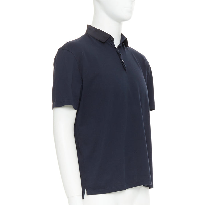 LANVIN navy cotton black grosgrain collar trim short polo shirt M