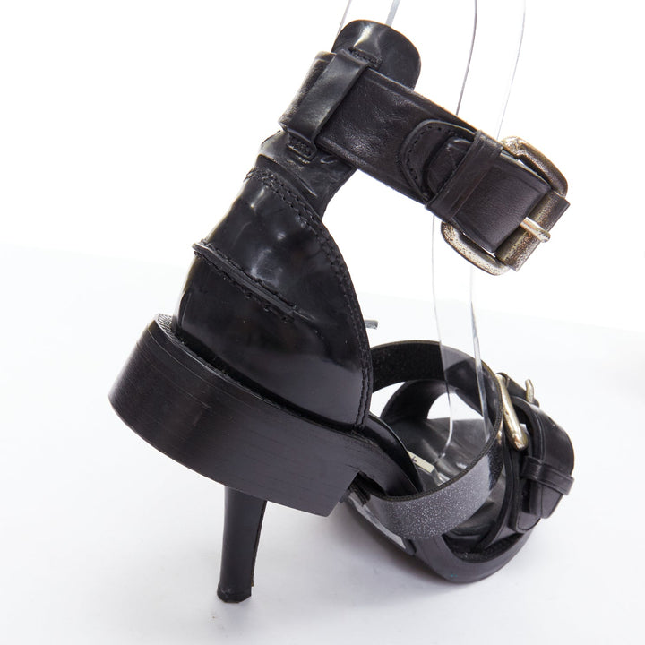 ACNE STUDIOS black leather silver buckle deconstructed high heel sandals EU37