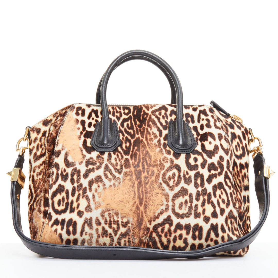 GIVENCHY Antigona brown leopard print calf skin silver logo top handle bag