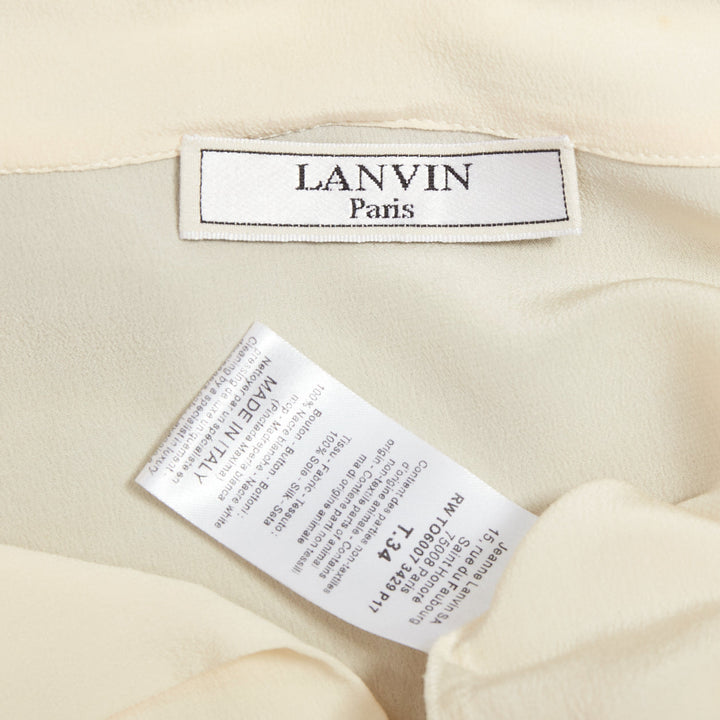 LANVIN cream 100% silk black contrast tie neck peasant blouse FR34 XS