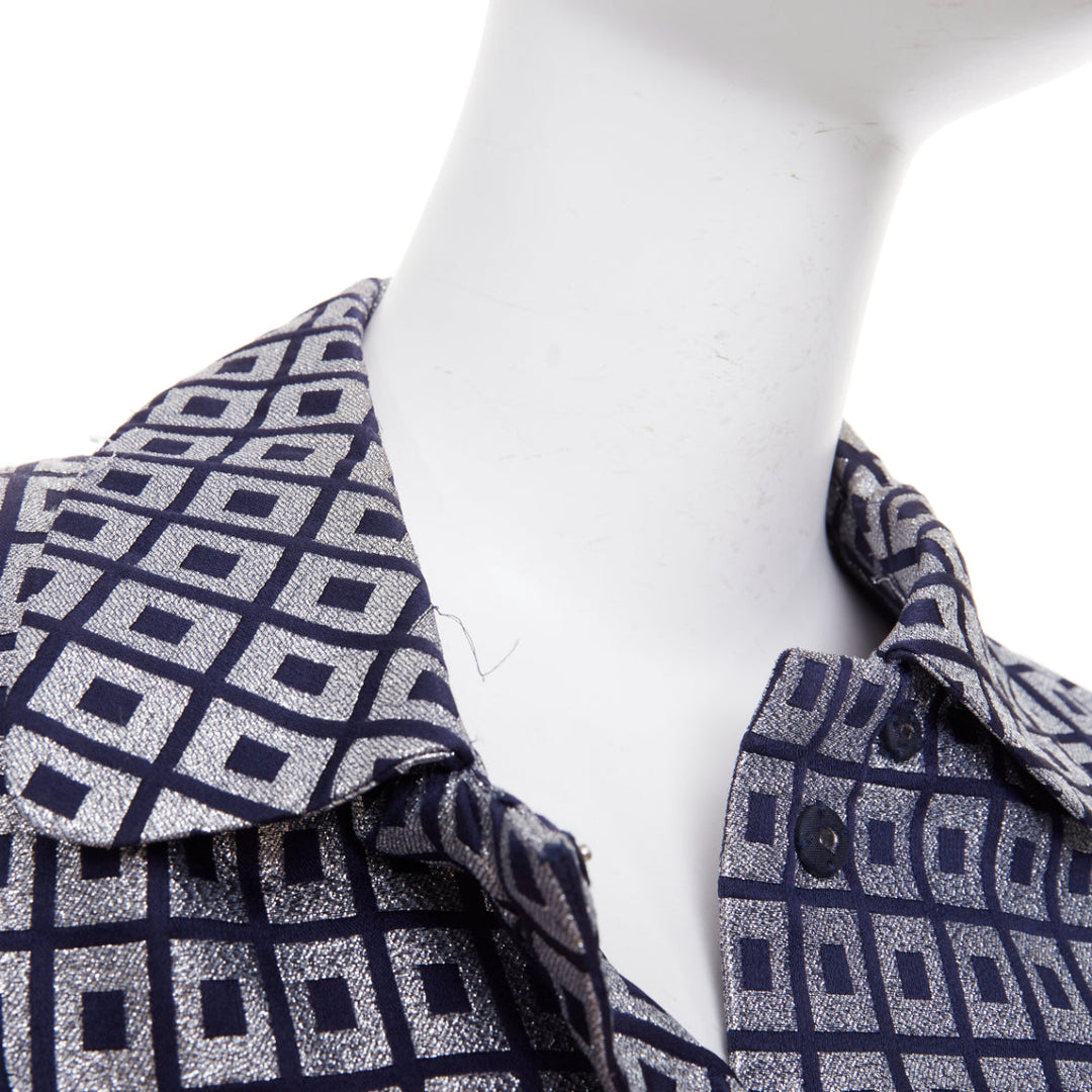 TORY BURCH navy silver metallic cotton blend brocade collared long coat US4 S