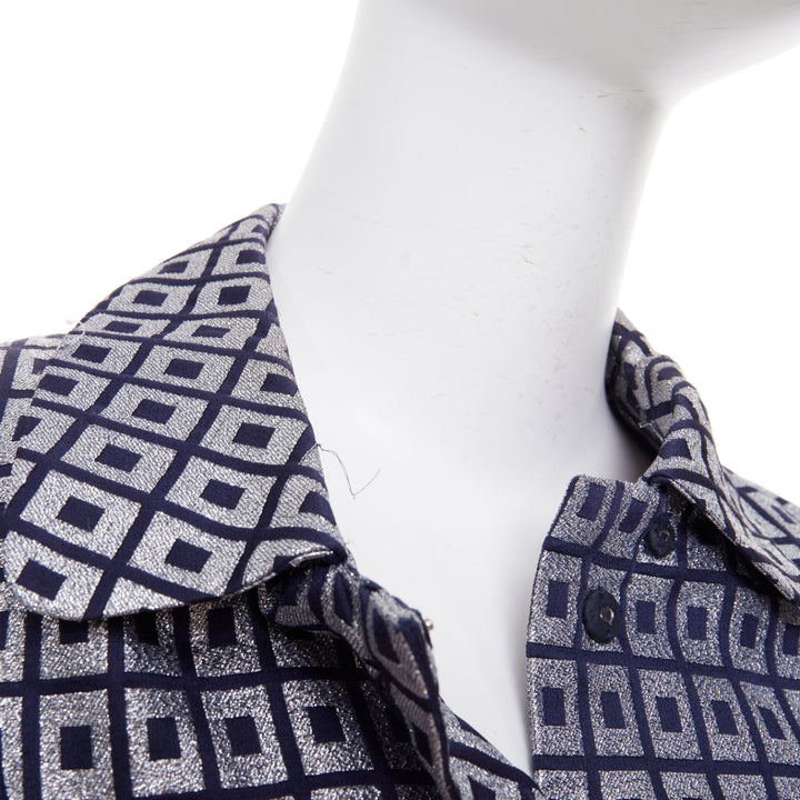 TORY BURCH navy silver metallic cotton blend brocade collared long coat US4 S