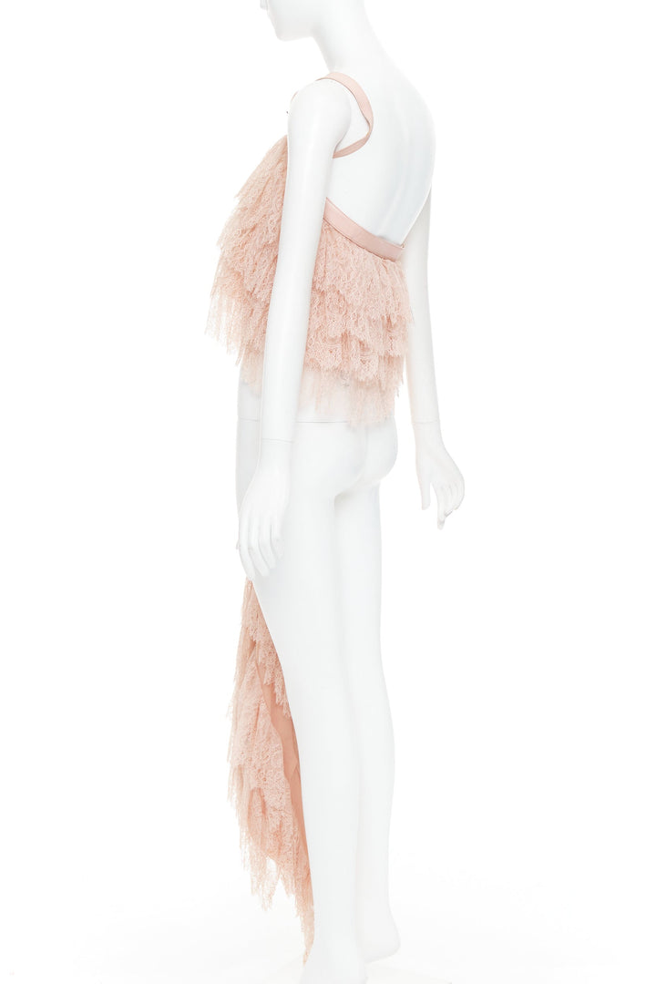 ALEXANDER MCQUEEN 2007 Runway pink lace leather cascade drape ruffle top IT38 XS