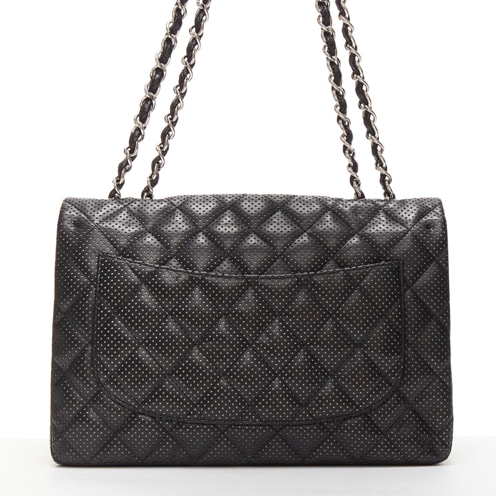 CHANEL Double Flap Medium black perforated quilted lambskin silver CC chain bag