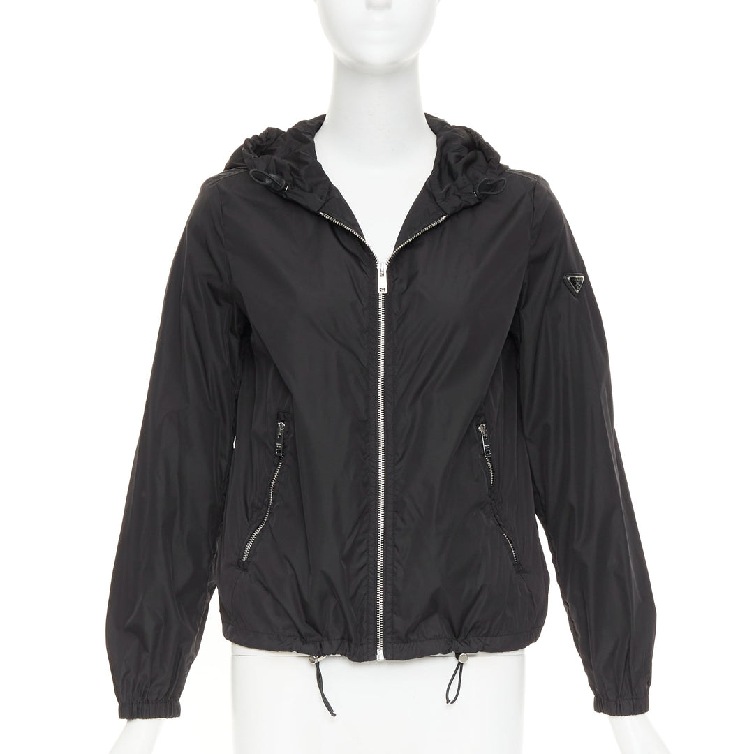 PRADA 2021 Re Nylon black silver triangle logo plague zip up windbreaker IT38 XS