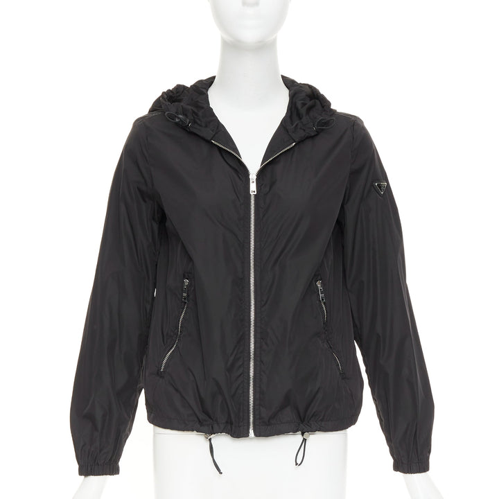 PRADA 2021 Re Nylon black silver triangle logo plague zip up windbreaker IT38 XS