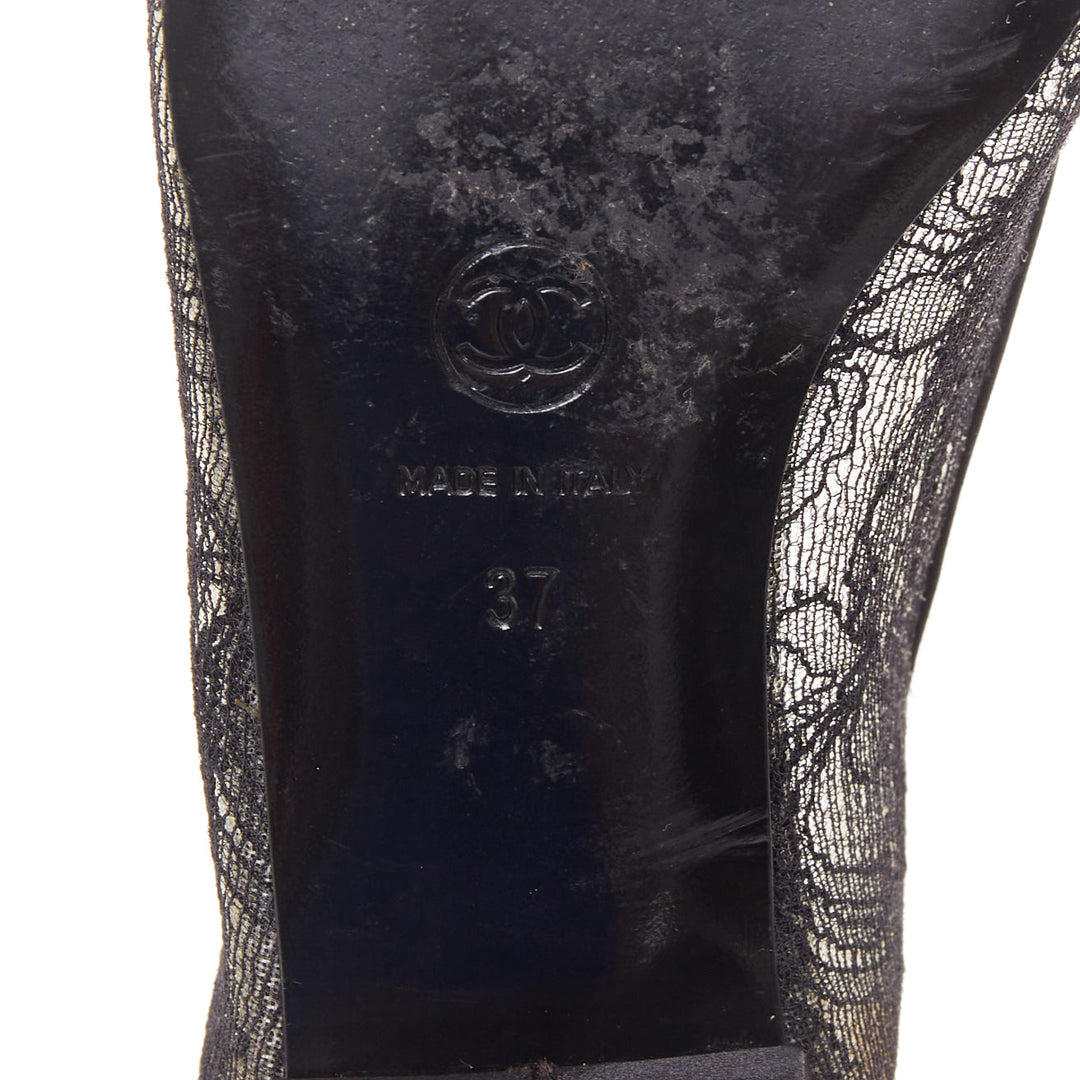 CHANEL black CC logo floral lace satin toe cap nude underlay ballet flats EU37