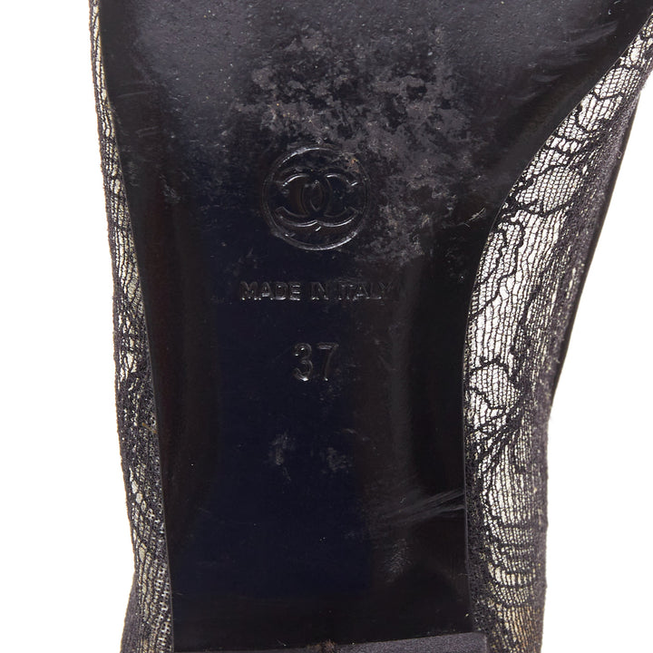 CHANEL black CC logo floral lace satin toe cap nude underlay ballet flats EU37