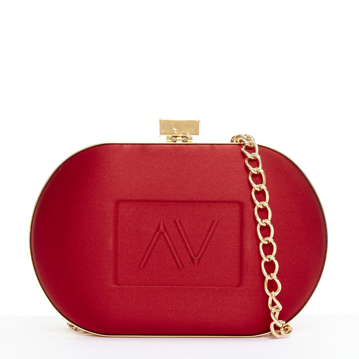 ALEXANDRE VAUTHIER red silk satin logo embossed gold chain oval clutch Lady Gaga