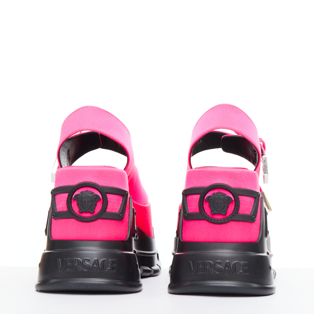 new VERSACE Anthem 120 Tropical Pink fuschia satin platform chunky sandals EU38