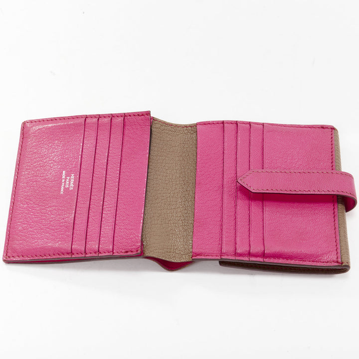 HERMES Bearn taupe pink leather H logo strap bifold square wallet