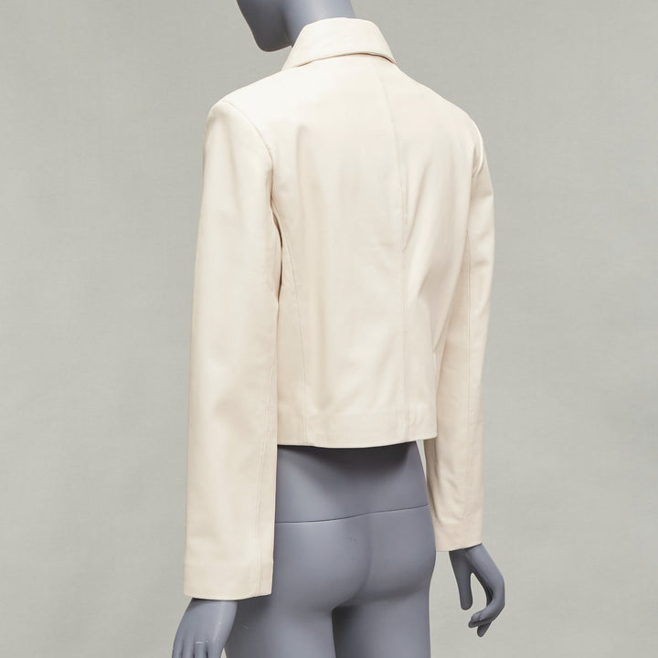 NOUR HAMMOUR cream lambskin minimal dual pocket cropped zip jacket IT36 XXS