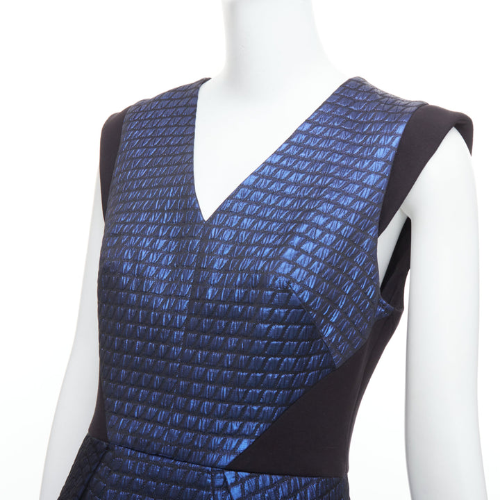 TIBI blue black quilted lurex jacquard V-neck mini dress US6 M