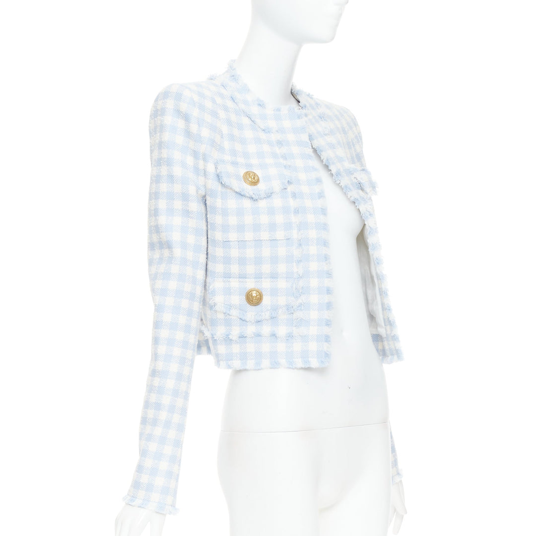 BALMAIN light blue white plaid tweed trim 4 pocket cropped jacket FR34 XS
