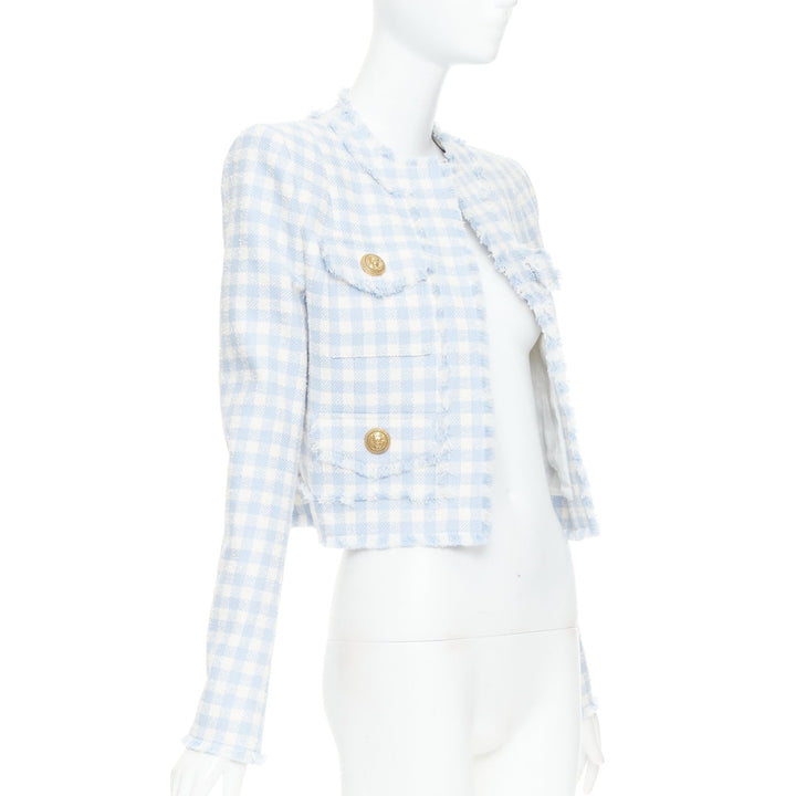 BALMAIN light blue white plaid tweed trim 4 pocket cropped jacket FR34 XS