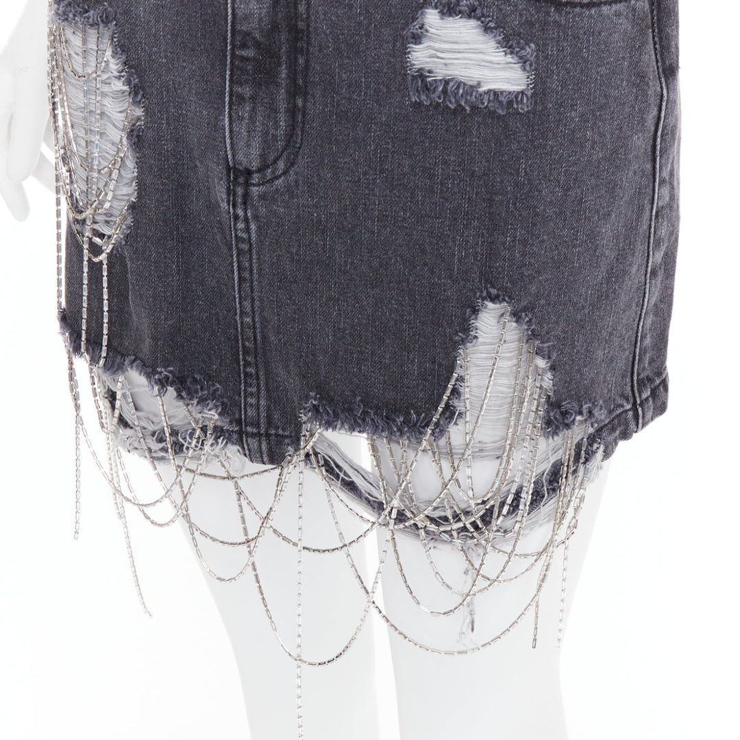 MARK GONG grey denim distressed beaded fringe mini skirt IT36 XXS