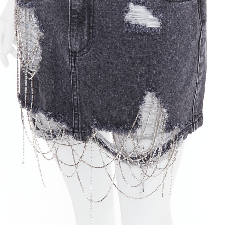 MARK GONG grey denim distressed beaded fringe mini skirt IT36 XXS