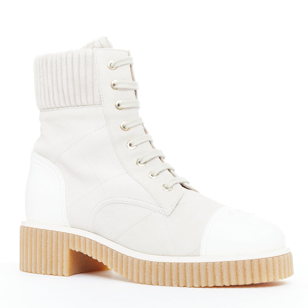 CHANEL 2020 white CC grey suede calfskin quilted combat boots EU38