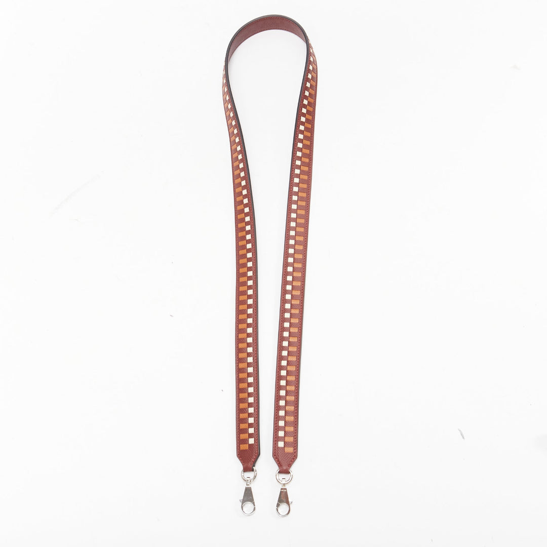 HERMES Sangle 25 brown white woven leather silver hardware bag strap