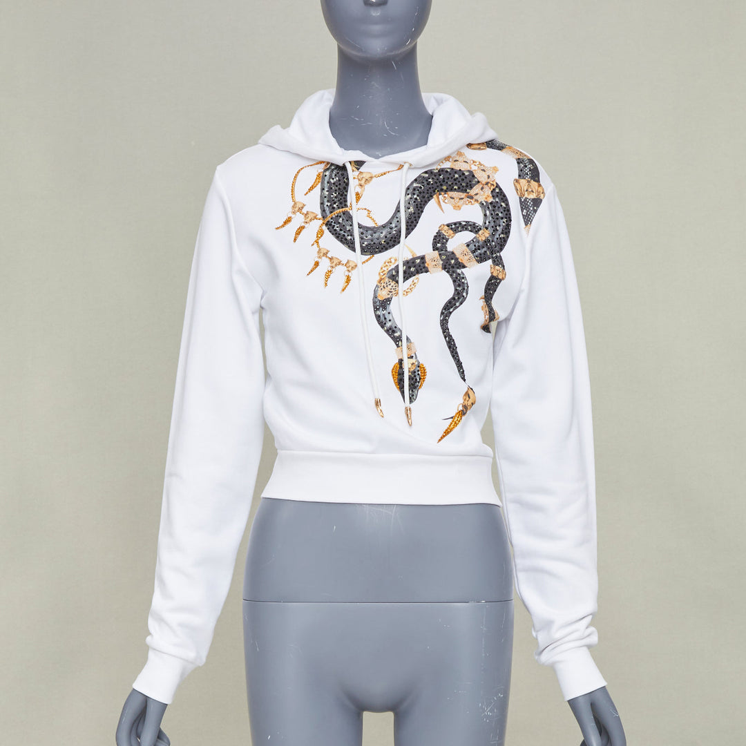 ROBERTO CAVALLI 2022 white cotton crystal embellish snake chain crop hoodie  XS