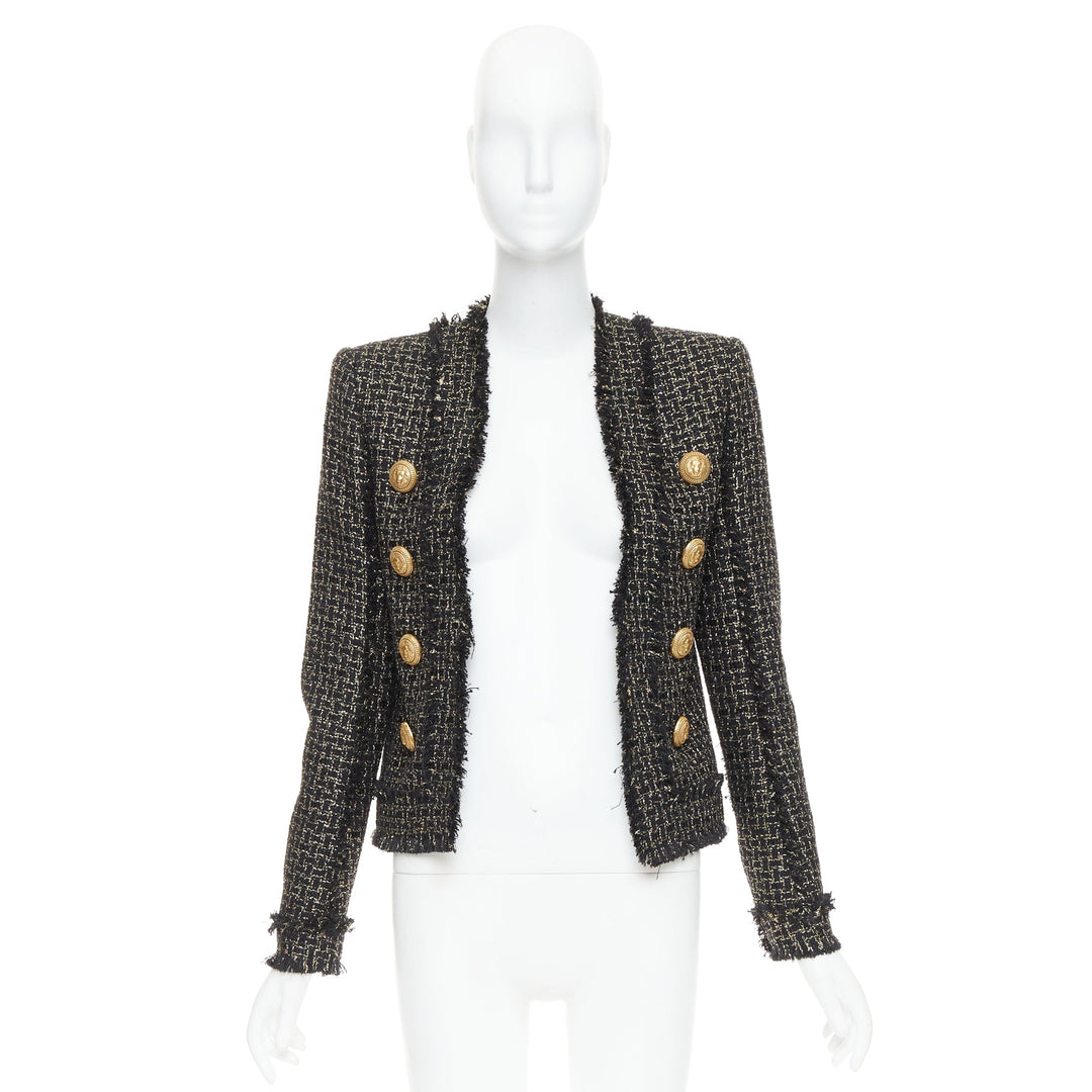 BALMAIN black gold tweed gold lion head buttons power jacket FR34 XS