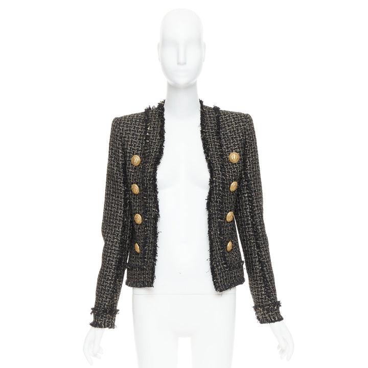 BALMAIN black gold tweed gold lion head buttons power jacket FR34 XS