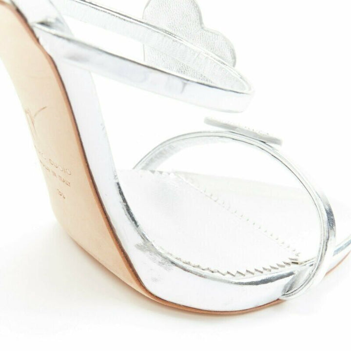 GIUSEPPE ZANOTTI Coline silver leather crystal heart high heel sandals EU39