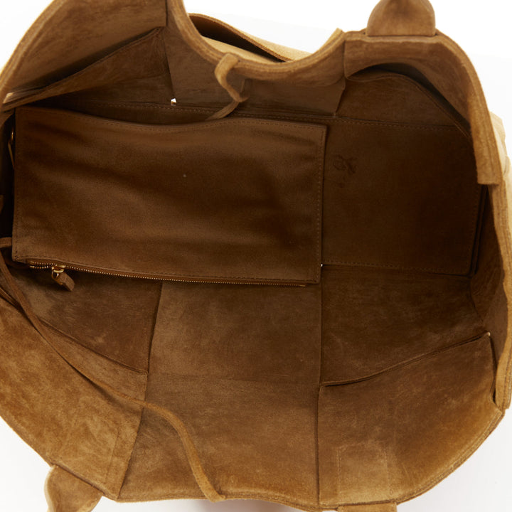 BOTTEGA VENETA Arco Medium camel suede maxi intrecciato top handle hobo tote bag