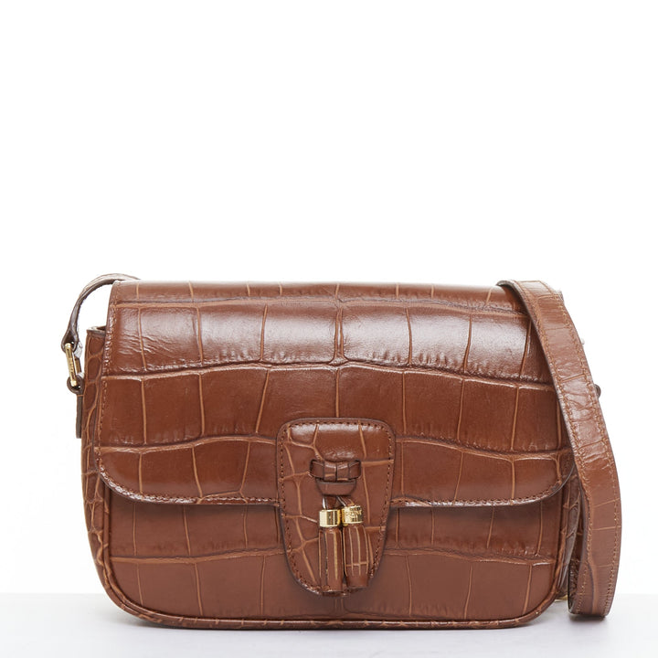 CELINE Medium Tassel brown embossed cow hide leather fringed crossbody bag