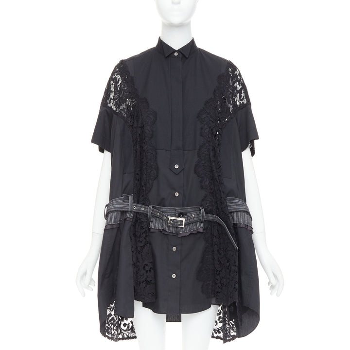 SACAI 2017 black lace trim panelled belt flared lined shirt dress JP1 S