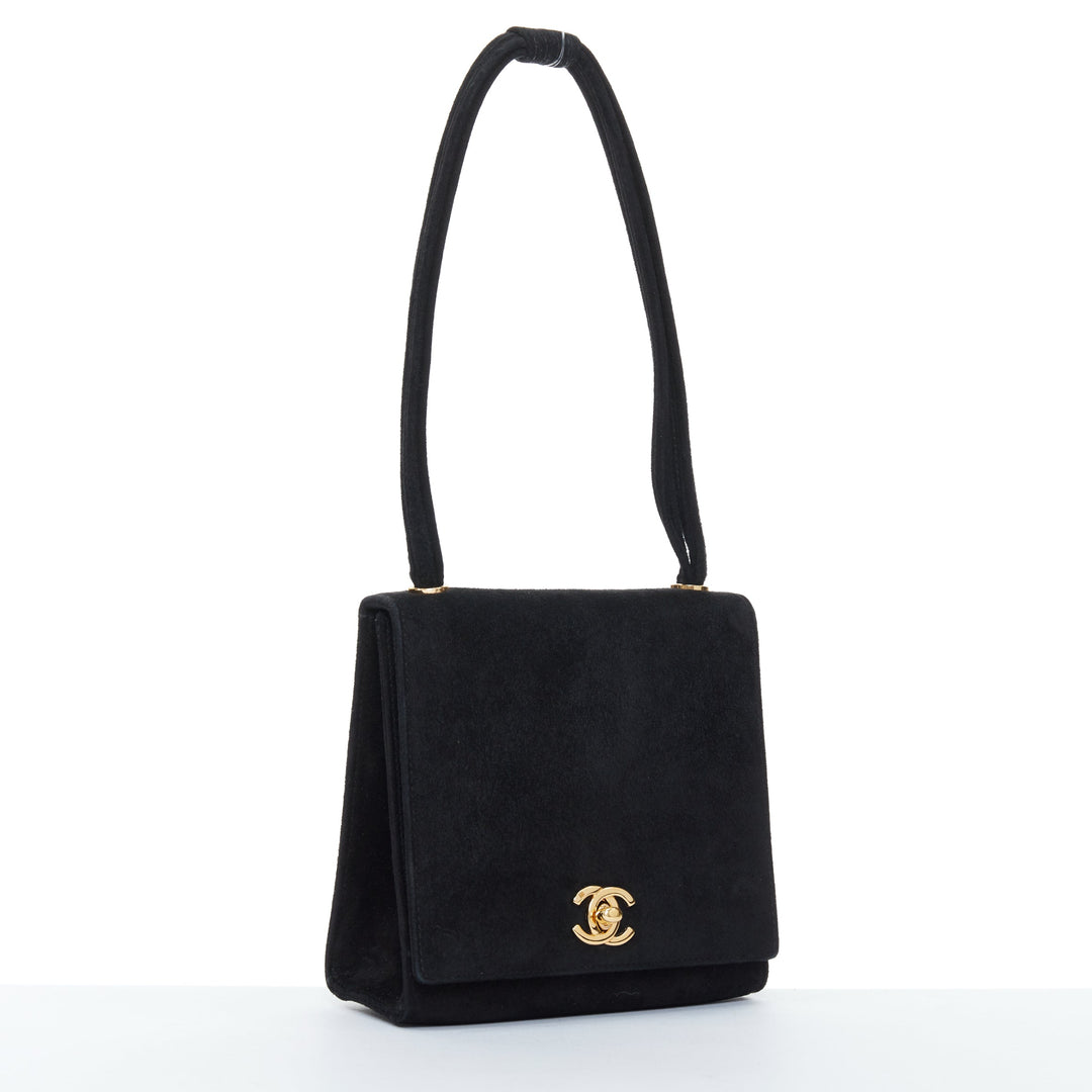 CHANEL 1994 Turnlock Flap Bag black suede triple strap vintage shoulder bag