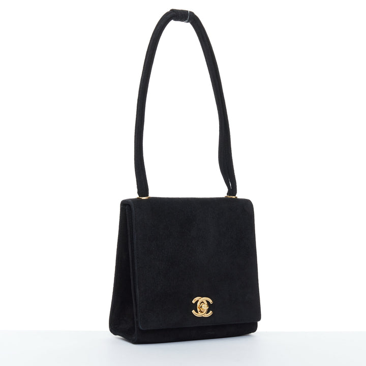 CHANEL 1994 Turnlock Flap Bag black suede triple strap vintage shoulder bag