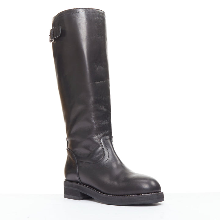 MARNI black leather silver buckle side round toe knee high boots EU37.5