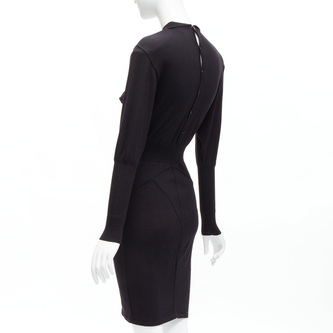 AZZEDINE ALAIA Vintage black wool collared long sleeve bodycon dress FR40 M