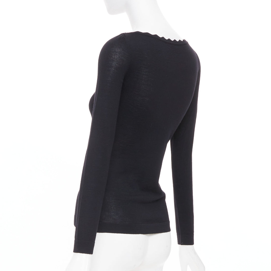 ALAIA virgin wool knit semi sheer black scalloped boat neck l/s top FR36 S
