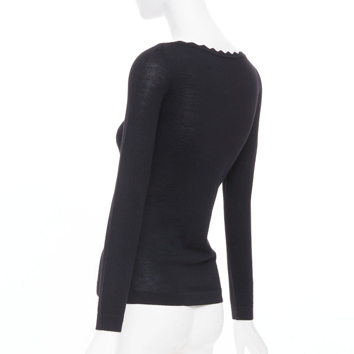 ALAIA virgin wool knit semi sheer black scalloped boat neck l/s top FR36 S