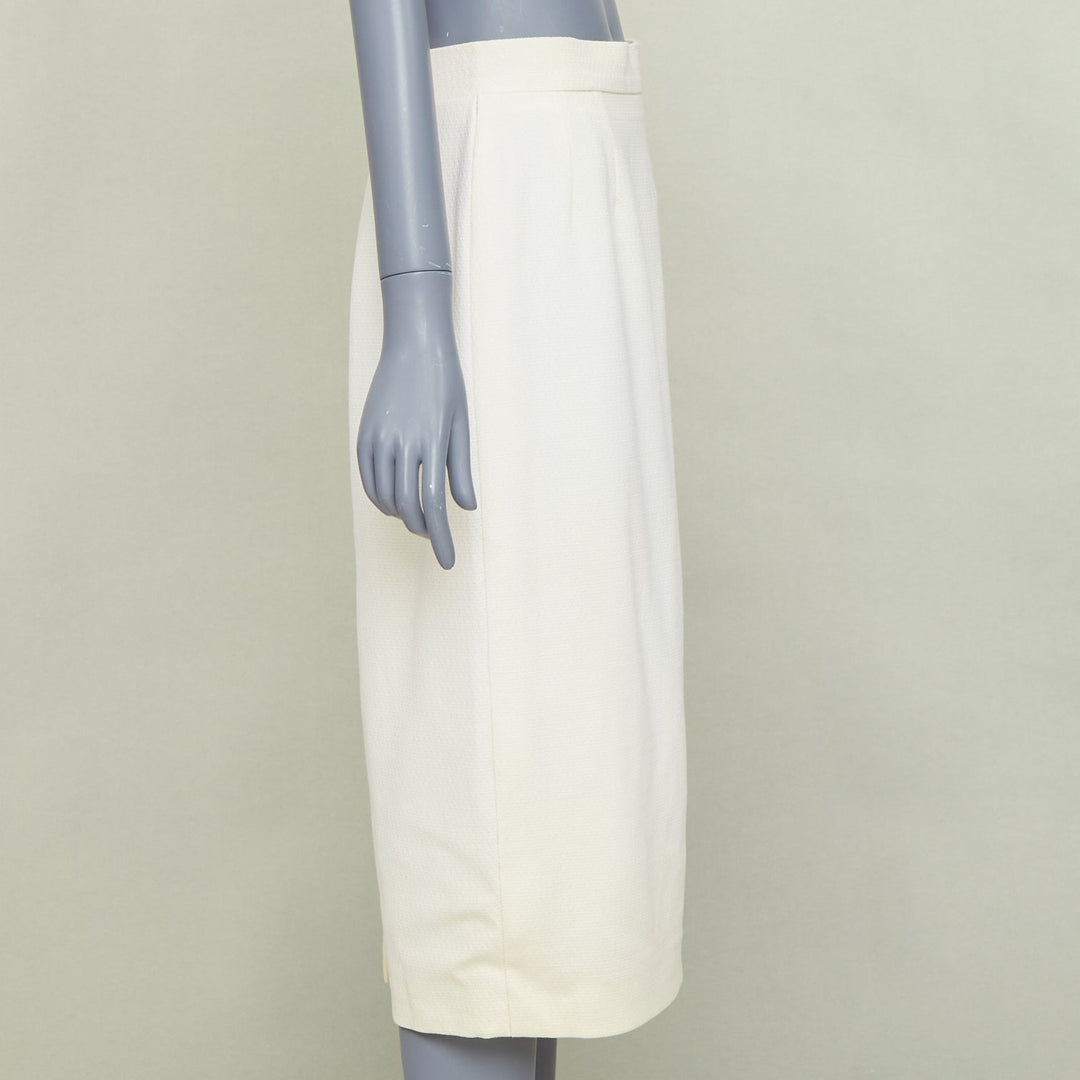 CHANEL 93P ivory wool gold CC logo button slit silk pencil skirt FR42 XL